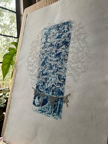 Cyanotype with silkscreen and embroidery