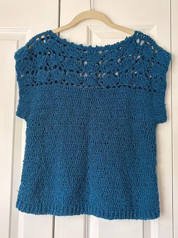 Peacock Blue Acrylic Crochet Short Sleeve Sweater