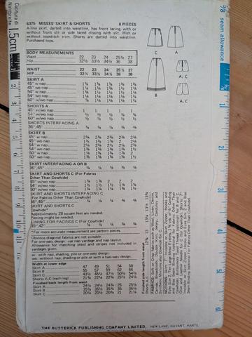 Butterick 6375 skirt pattern 22" 56cm waist