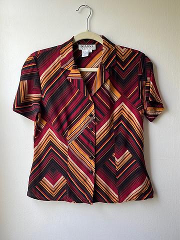 Gianni Petite Geometric Stripe 100% Silk 90s Y2K Button Front Top Blouse