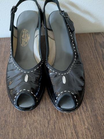 Black patent peep toe heels