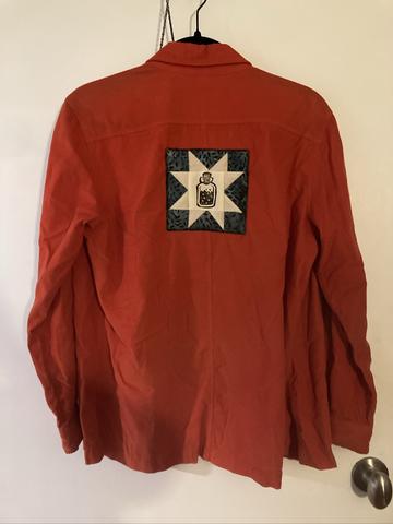 Linocut quilt patch on button up