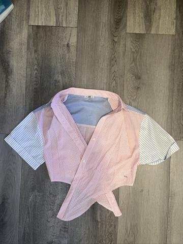 Blue and pink striped crop tie button down