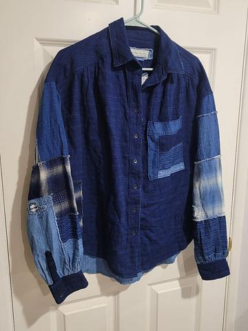 We the Free people indigo patchwork linen cotton blouse XS OVERSIZED