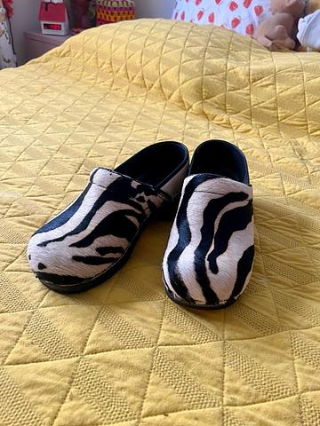 Zebra pony hair clogs