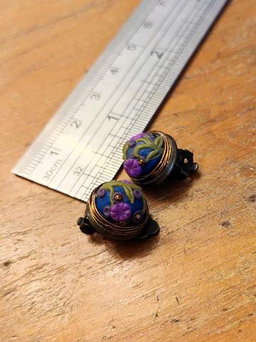 Faux-embroidered polymer clay clip on earrings