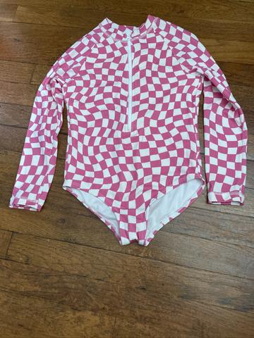 Pink and white check rash guard