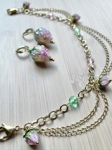Pink Blossom mask chain & earrings set