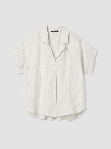 Puckered Organic Linen Stripe Notch Collar Top