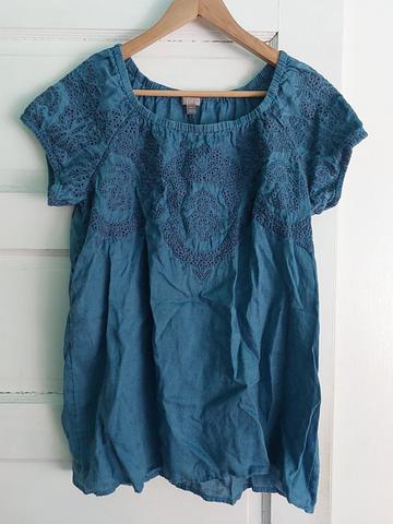 Blue linen eyelet blouse