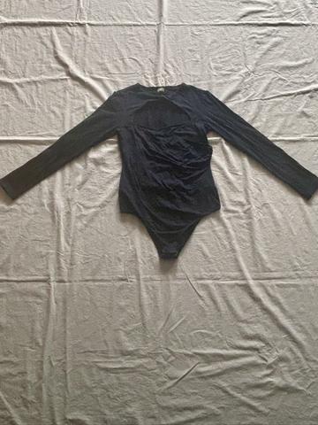 Peoria Bodysuit Navy Blue Long Sleeve Twist Front Stretch Top