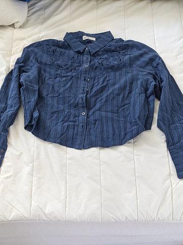 Blue and black striped button-up with lace