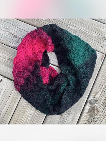 crochet hot pink, black, and green cowl