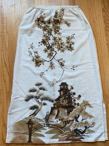 Vintage linen Japanese garden print maxi skirt