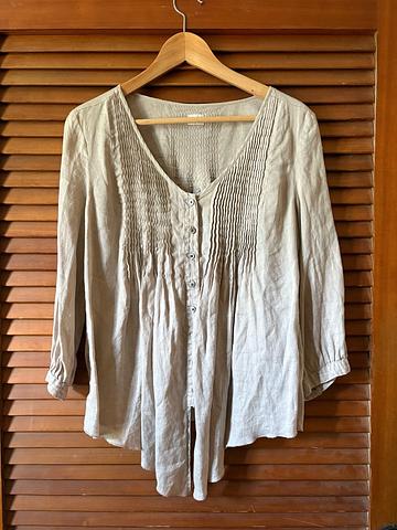 Breezy oatmeal linen pleated button down blouse